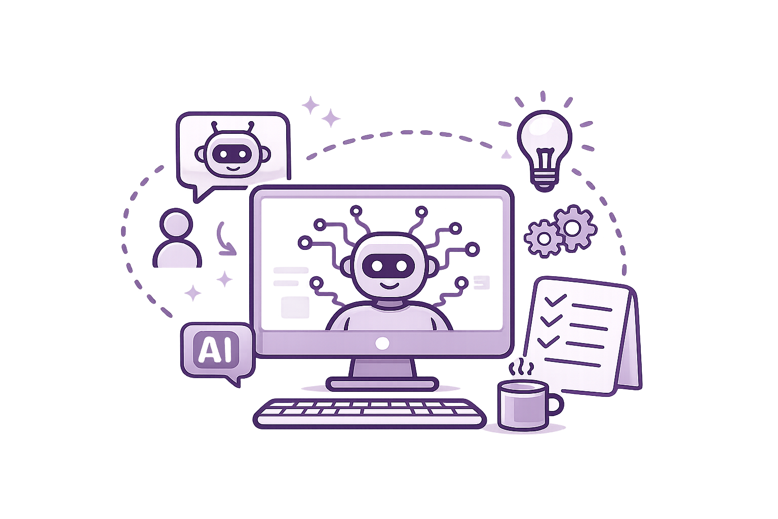 Illustration of AI and digital tools transforming modern workplaces and improving productivity across UK industries