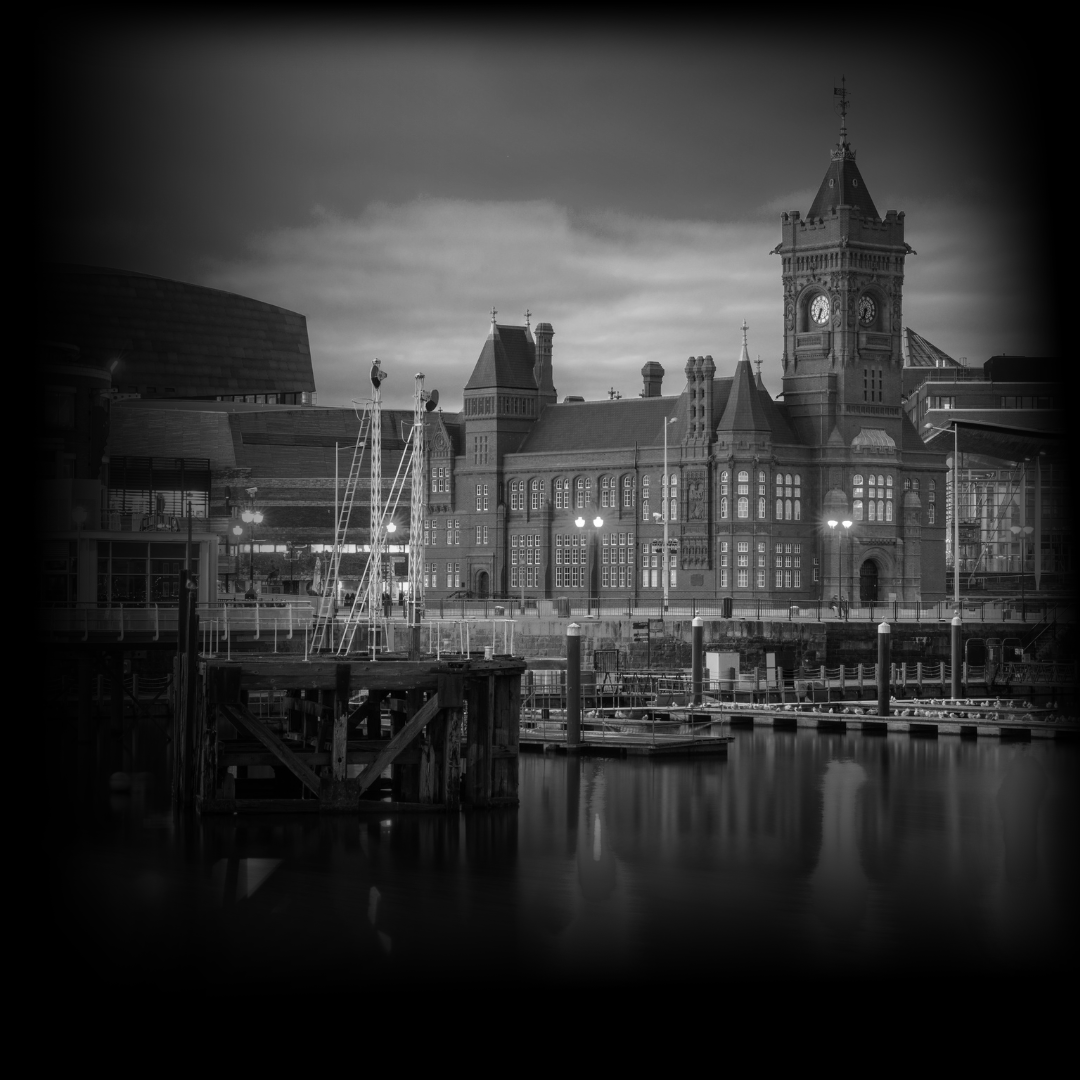 A black and white picture of Cardiff