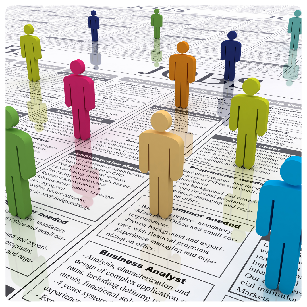 A job listing page on a newspaper with multi-coloured characters on it